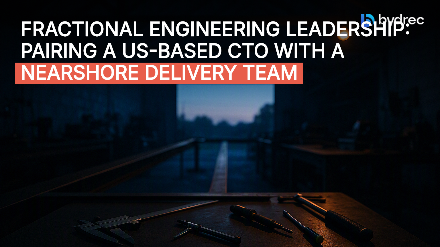 Two workbenches connected by a single steel beam across a dawn-lit workshop, symbolizing remote leadership bridging distributed teams.