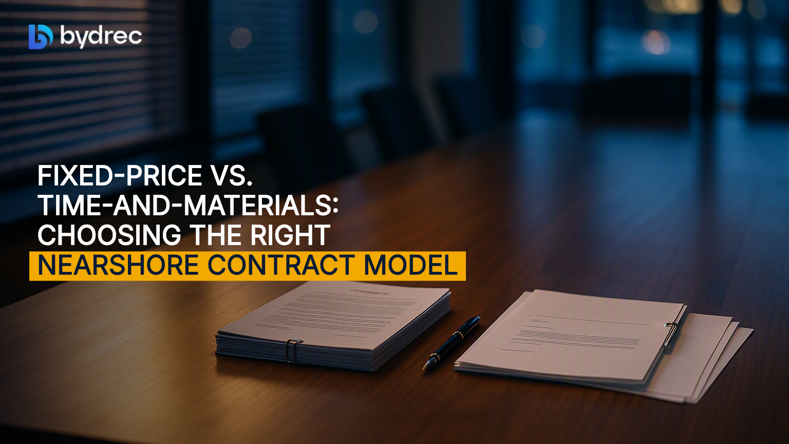 Two contracts on a conference table at dawn, one clasped tightly and one loose with blank pages, a fountain pen between them.