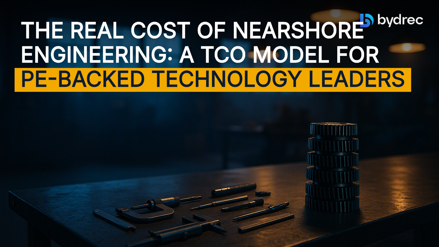 Dawn light slants through a warehouse onto a workbench with precision tools and stacked gears, symbolizing engineering cost analysis.