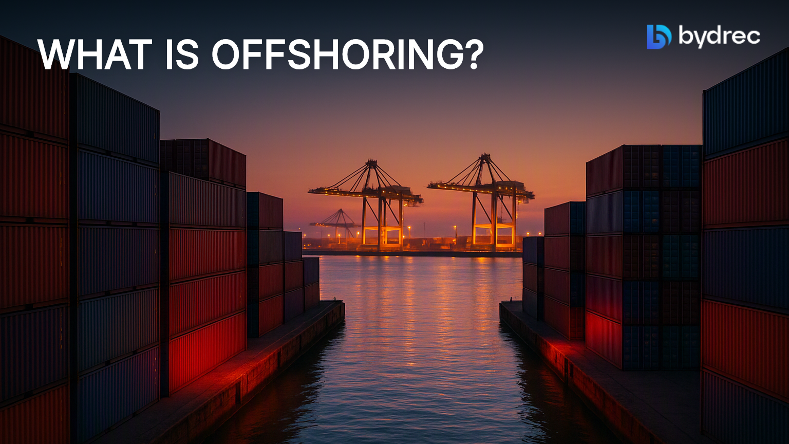 Cargo containers line opposite quays at dawn, symbolizing the distance and gaps offshoring introduces versus nearshoring.