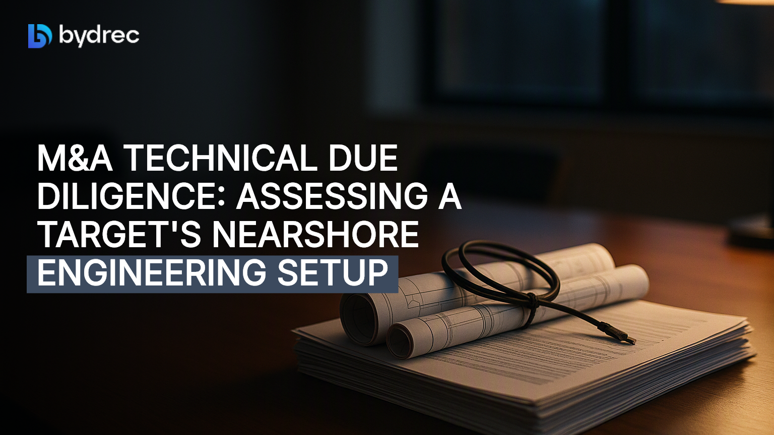 Frayed cable coils atop bound contractor agreements and schematics under lamplight, symbolizing nearshore engineering due diligence risk.