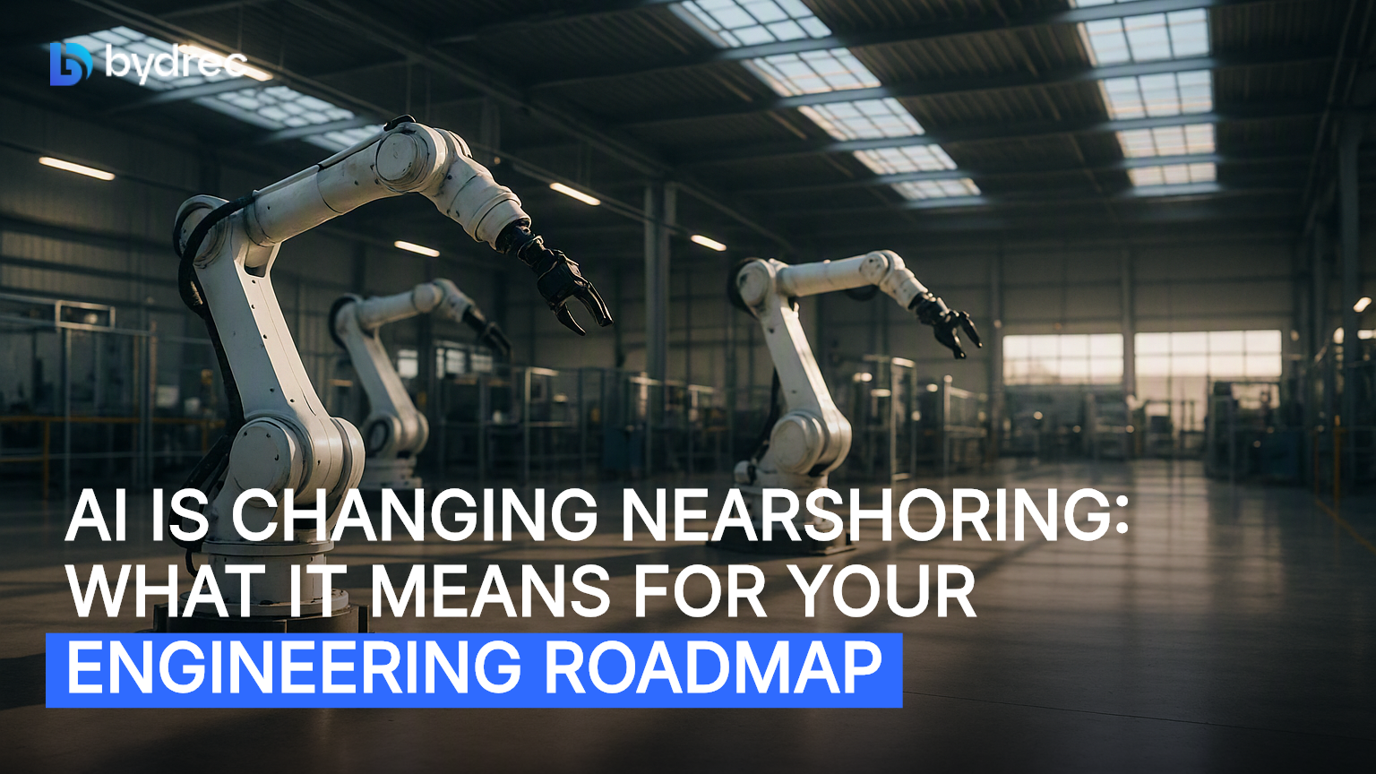 Robotic assembly arms stand idle above an empty, evenly lit factory floor as dusk light casts long shadows through skylights.