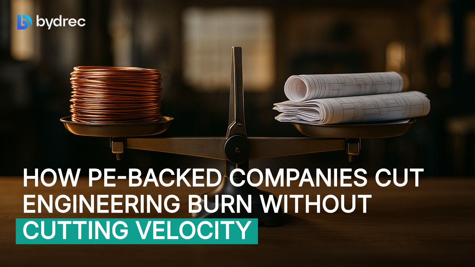 Balance scale weighing copper cable against engineering blueprints, symbolizing cost versus output trade-offs in nearshore staffing.