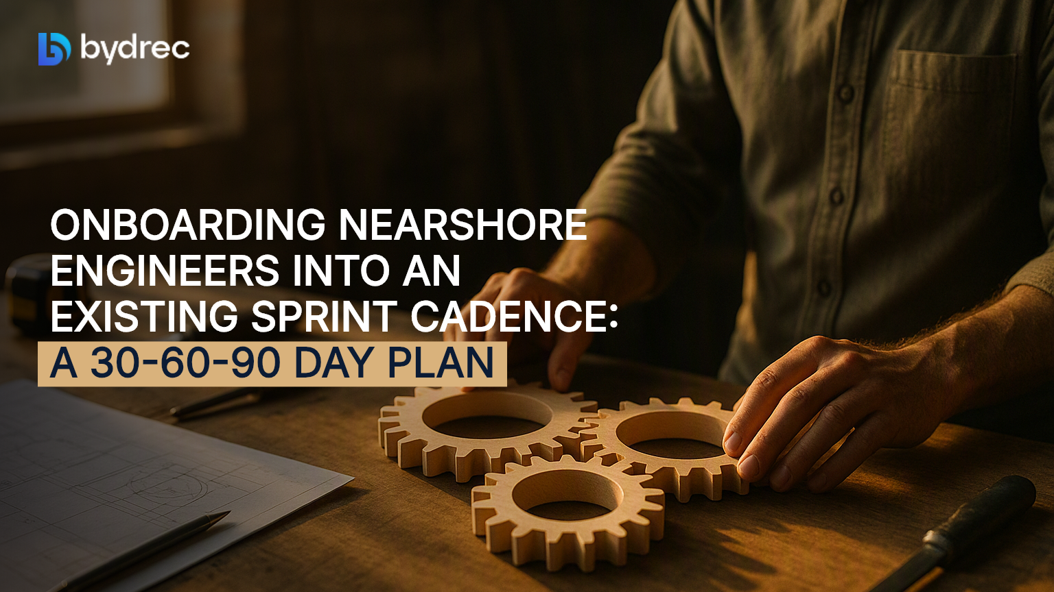 Three interlocking wooden gears on a sunlit workbench beside scattered tools and blueprints.