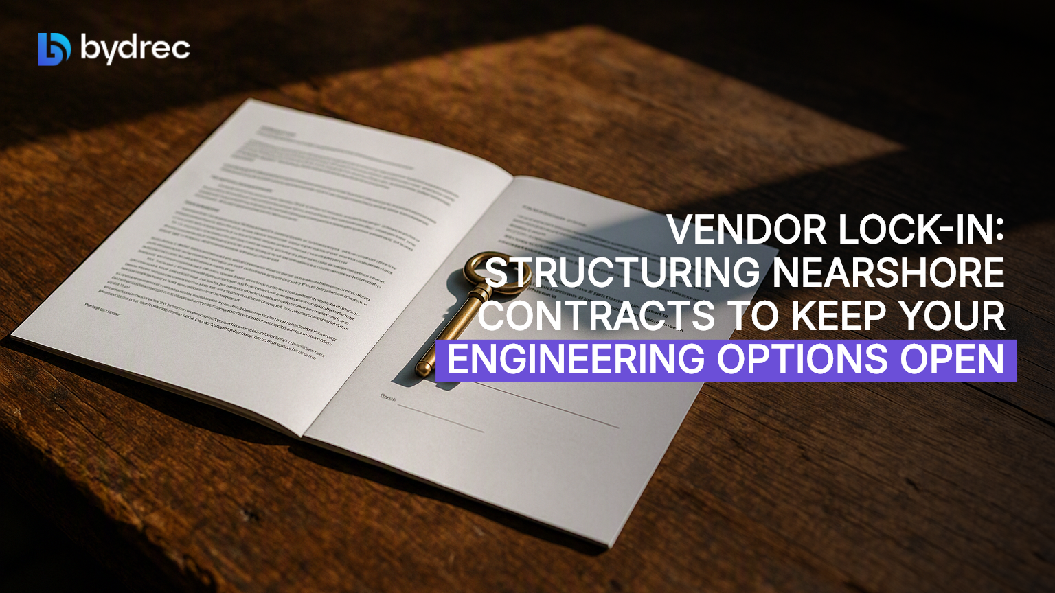 Open contract on a wooden desk with a brass key resting on the pages in place of a signature, lit by afternoon window light.